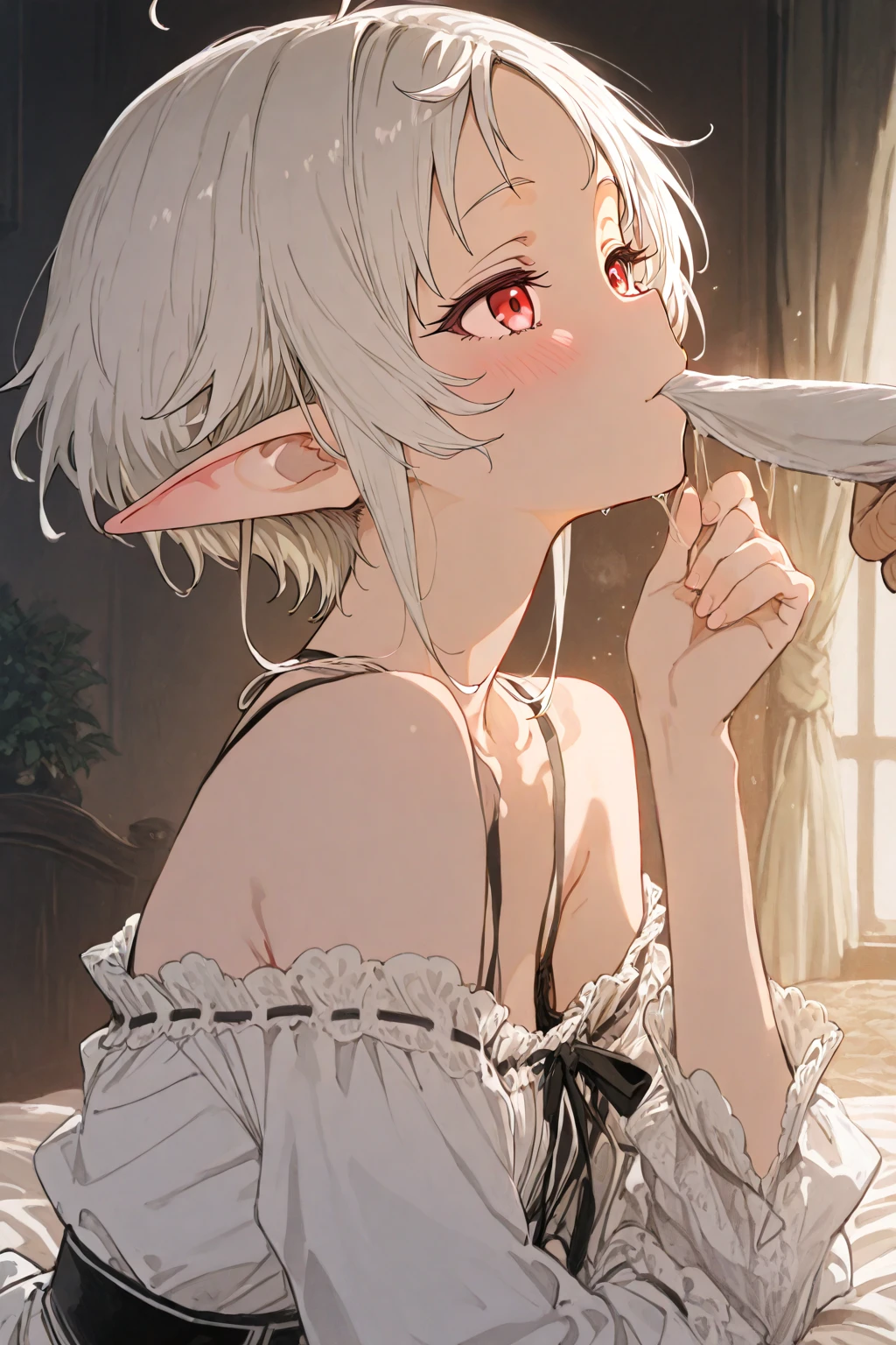 score_9, score_8_up, score_7_up, source_anime, best quality, masterpiece, official art, absurdres, highres, ultra-detailed,waifu2x,Collection: Slice of Life,break,1girl, elf, short hair, slender, androgynous, small breasts, beautiful detailed eyes, (nipple:0.6), sweat, saliva, (yawn:0.5),blush, penis, twitching penis, oral sex, felatio, cum, motion lines,projectile cum, facial, bukkake, hot breath, sound effects, outdoors, forest,break,(clear line illustration:1.2), super detailed skin,very high resolution, very aesthetic, Best sexual lighting powered by famous artist, 8k,cute picture,beauty illustration,photoshop_(medium),,(Detailed Lighting),best anime 8k konachan wallpaper, pixiv contest winner, 