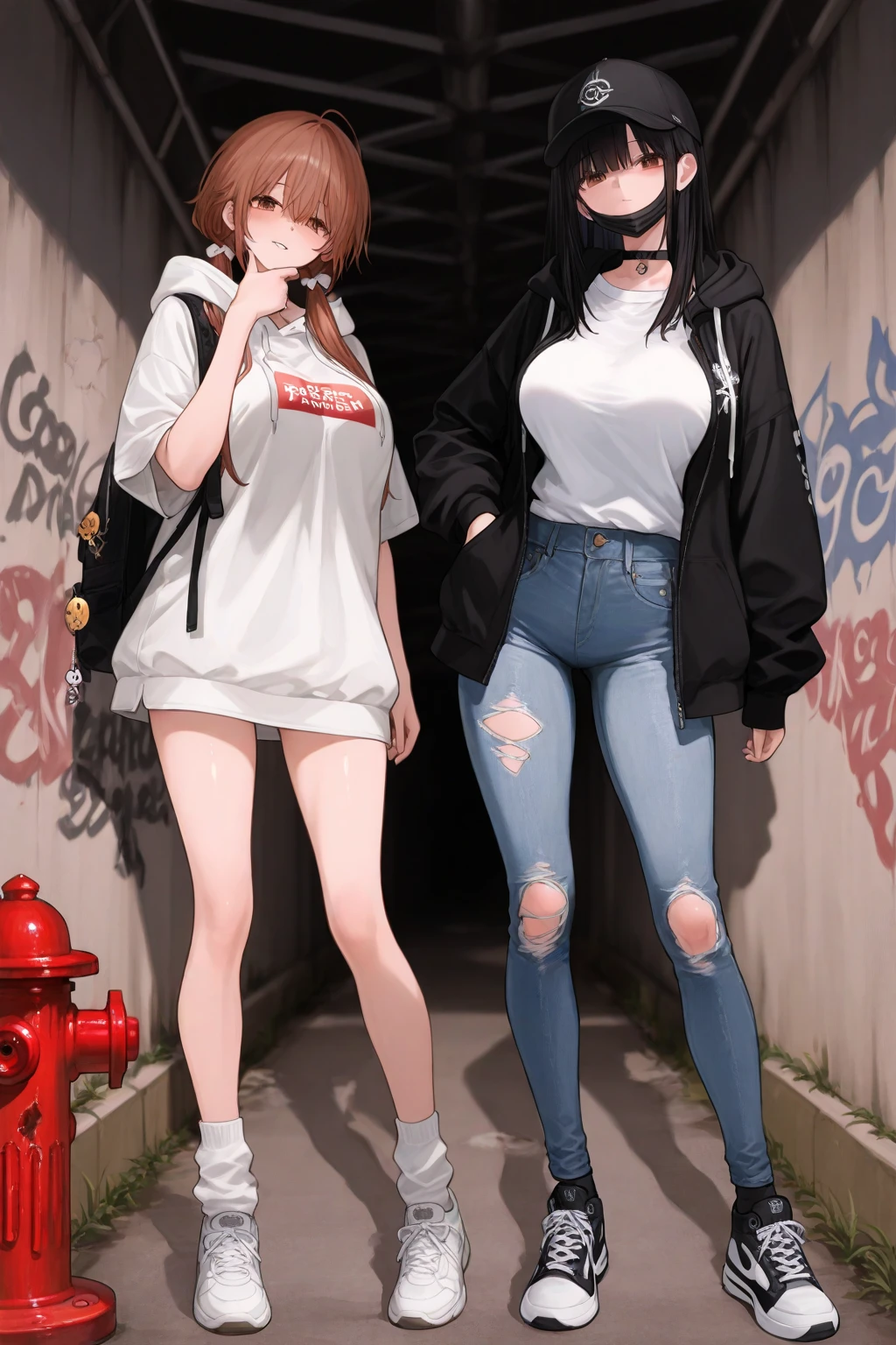 nsfw, masterpiece, best quality, high resolution, (3girls), 20 years old, (blue jeans pants), full body, blush, worried, city park, ((((((pee stain))))))