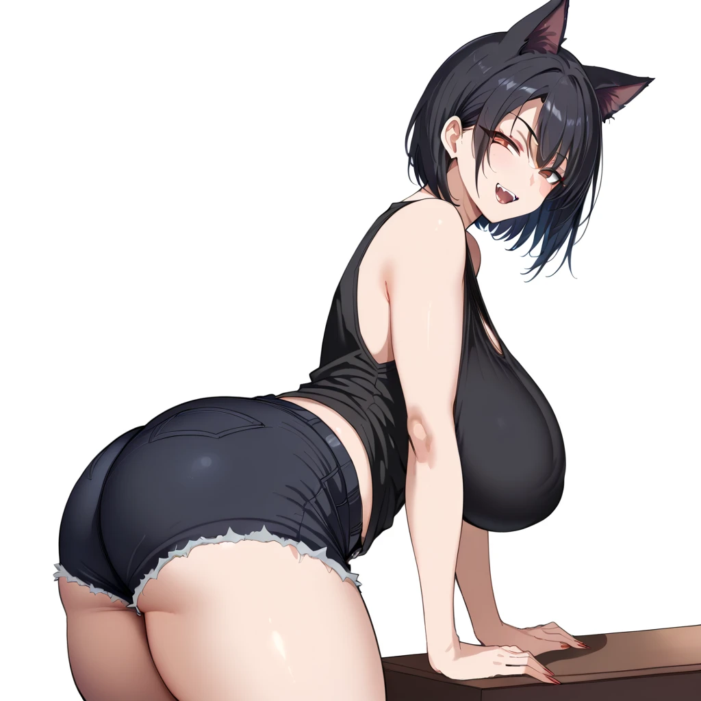 Single woman, anime woman, Hourglass figure, Short, long black hair, dog ears, red eyes, short jeans, thigh high socks, black combat boots, open black jacket, big chest, tank top, solo woman, only one woman