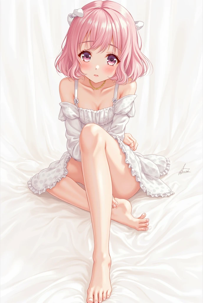 (One transcendent beautiful girl)、ultra-detailed、(8k, RAW photo, best quality, masterpiece:1.2), (extremely detailed 8k wallpaper),professional lighting,sharp focus, depth of field、(((Detailed and accurate face))),((Full body painting))、Beautiful legs、nfws,((Pink fluffy short bob、rainbow colored curl hair、Curly hair))、Flower Hair Ornaments、shoulder、clavicle、Lightweight cardigan、Flare One Piece、Strapless、Off the shoulder、Resort hotels、bed、Hold both legs with both arms、blush、Embarrassed、smile