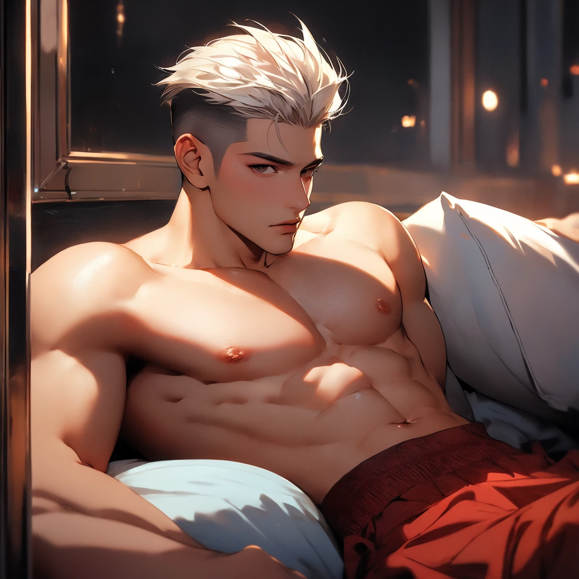 Archer lying on a bed in underwear, feet sweaty