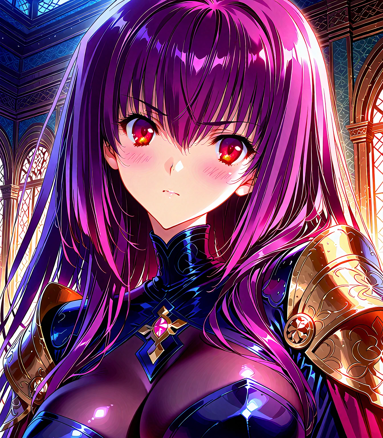 <lora:Valkiria_XL:0.9> valkiria, feathered hair ornament, wearing plate armor and a skirt, dark mode, (masterpiece), best quality, highres, 4k, 8k, cinematic lighting, amazing quality, amazing shading, soft lighting, 35mm, analog style, a realistic photo, film grain, (photorealistic:0.6), taken by a canon eos r5, ultra detailed skin, ultra detailed face, perfect eyes, small skin imperfections, 1girl, Long layers, large_teardrop_breasts, Heavyset body, black eyes, Burgundy hair, chromatic aberration, colorful, bright colors,, pastel colors,, Illustration, official artwork, anime style, wallpaper, official art, intricate detail, extremely detailed, inside a dojo