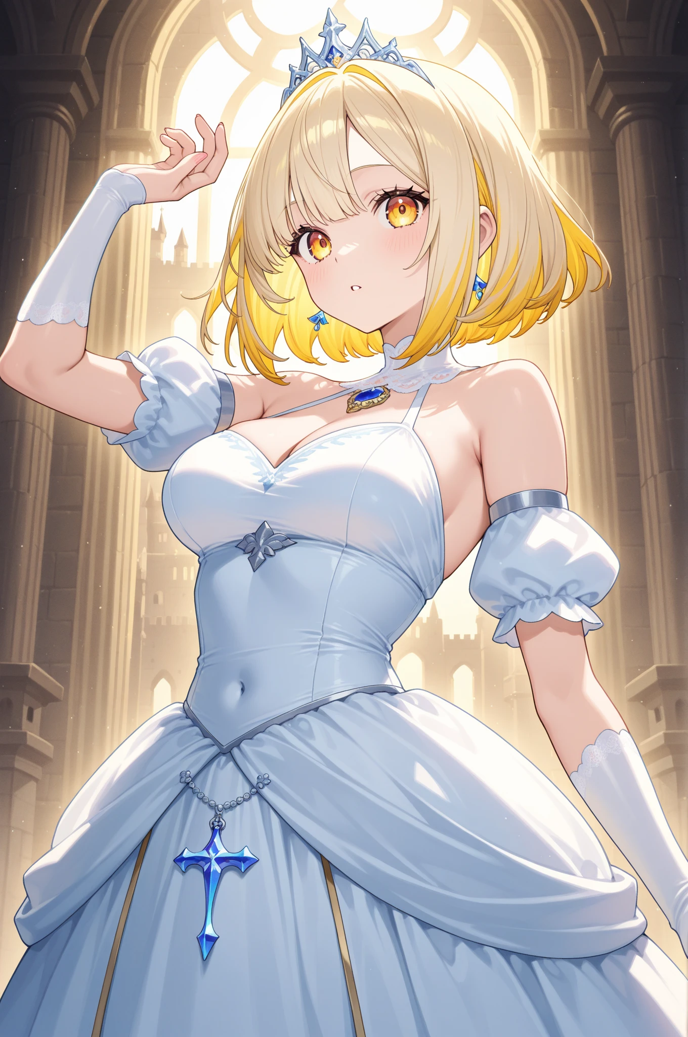 Smiling little magical girl holding a baby(sketch)(Small body),Blonde (Short Bob Hair:1.4), (blue eyes), (Big Hair) (White Background), (eye shadow:1.3)(Large Breasts:1.3)