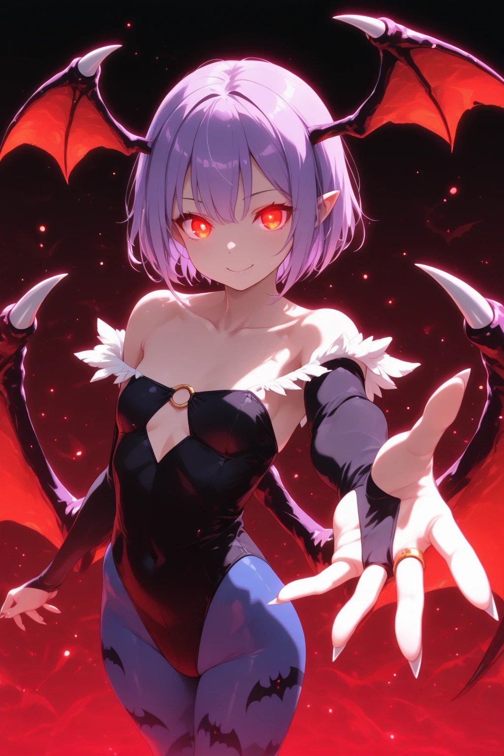 (extreme close-up of thigh:1.5), (The view is from very close below:1.5), Pushing hips forward, arms behind back,
Lilith, solo, demon girl,((Highest quality)), ((masterpiece)),(detailed),High resolution,Sharp focus,Perfect Face,1woman,(complete anatomy),
(Very detailed CG unity 8k wallpaper),(((Vibrant colors))),{best illustration},Perfect Fingers,
shiny 肌,very shiny 肌,Shiny body,plastic glitter 肌,exaggerated shiny 肌,illuminated 肌,
((Detailed body)),(Detailed face)), cute,Lewd,erotic,Bold,
One girl,Red eyes,Beautiful Eyes,Symmetrical eyes,Big eyes:1.5,Seductive eyes,
Lilith Aensland,very short hair,Purple Hair,Slender,(small breasts:1.2),Bat wings on head,bat wings on the back,(Low Wing:1.1),
clothed,Red shiny super high leg leotard,Heart-shaped hole under the chest,
Purple tights with bat pattern,elbow sleeve,Succubus,Exposing shoulders,Shiny red high heel boots,
(Flying debris, 超High resolution),(((Purple and pink theme))),Wear an iridescent aura,
Invisible Light, Amazing shine, Neon pink glow, The colors of another world,
Bright colors, Ghostly Effects,Surreal Landscape,
betterhand,
Arrogant look,
Domineering smile,Place your fingers on your abdomen,
Flying in the night,
moonlight, (Cathedral Castle),Ancient City,Beautiful night sky, meteors, Giant Moon,It's so shining,clear blue moon,