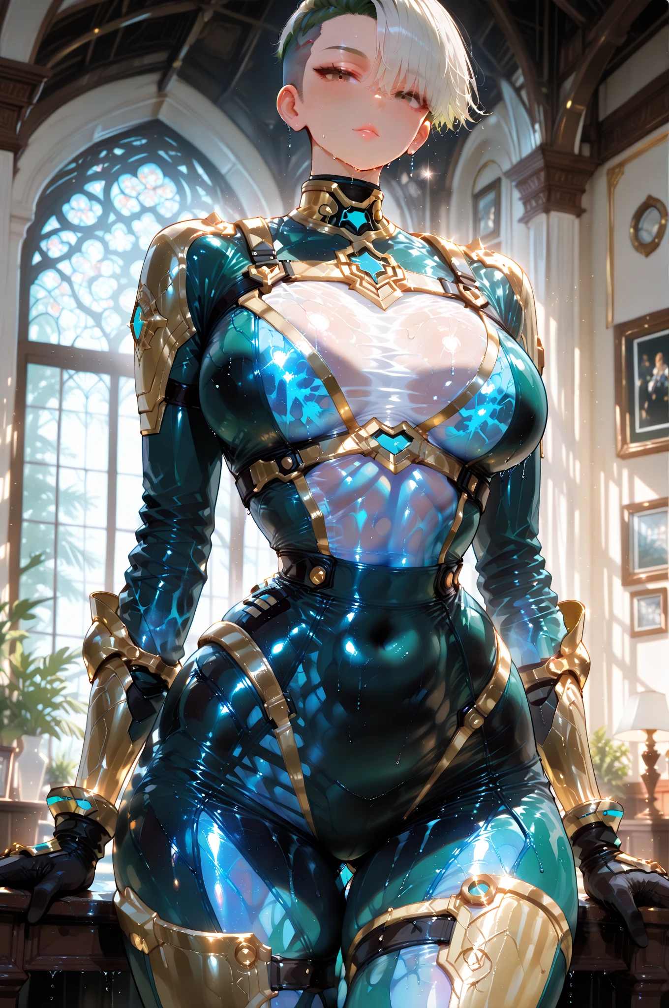 <lora:sxzBloodElvesWarcraft_sxzBloodElves:0.8>, 1girl, beautiful, model, dynamic pose, bun hair, blonde hair, blue eyes, glowing eyes, light smile, cleavage, green armor, heavy armor, medium breast, wide hip, thigh, curvy, 8k, (masterpiece, best quality), (detailed skin:1.3, detailed face:1.3), dslr, realistic, delicate, soft colors, cinematic lighting, cinematic, insane quality, perfect quality, depth of field, detailed photorealistic background, detailed lighting, diffused natural sunlight, diffused natural skin glow (highly detailed, fine details, intricate), deep depth of field, diffused soft lighting, halo, <lora:nanosuit_v10:0.7>, cybernanosuit,