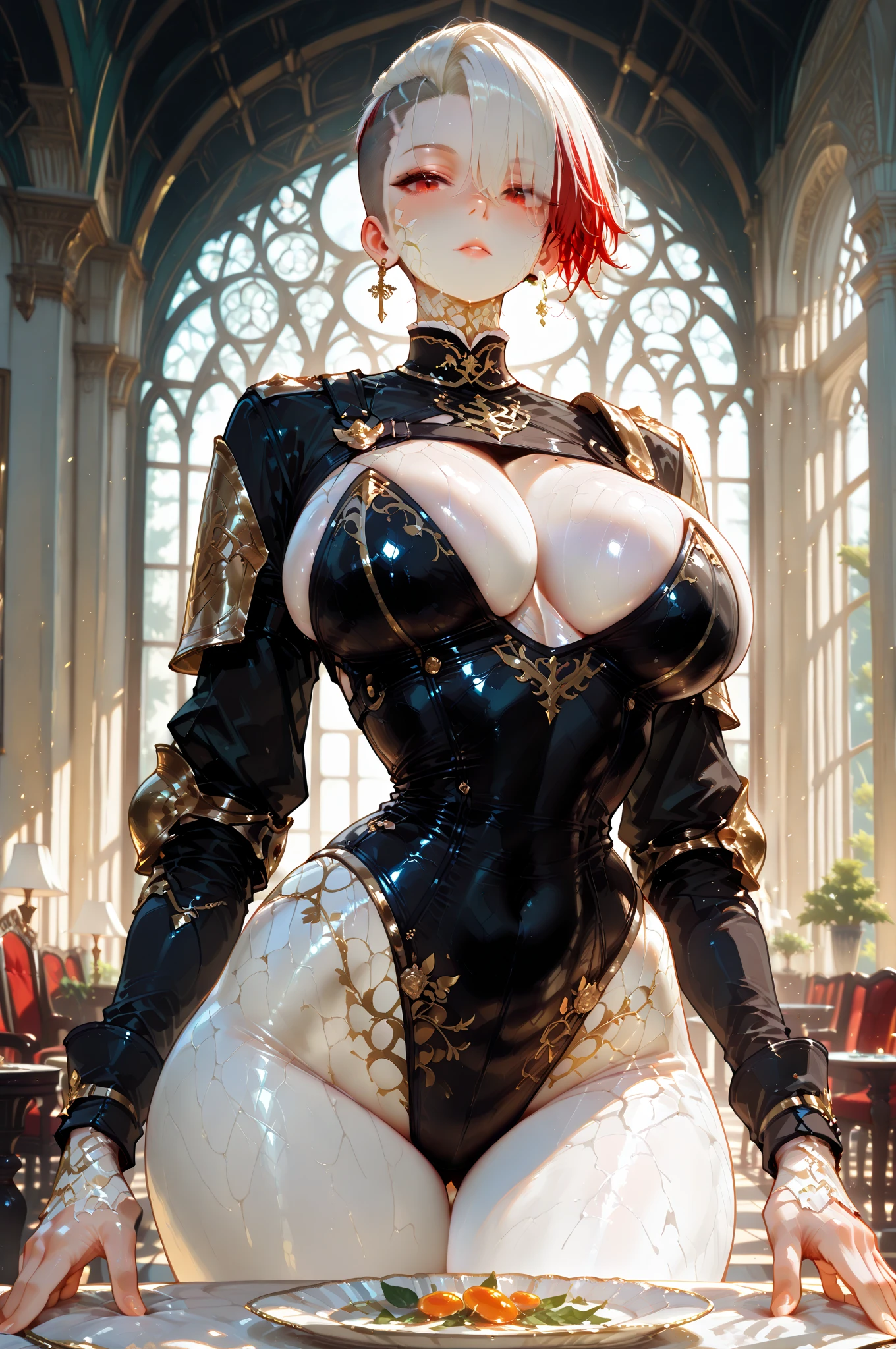 (((1girl:1.8))), ((tunic:1.5)) ((off the shoulder tunic)), style, ((gold and red color palette)), anime style, (((elf))) (((Victorian dress:1.5))) (((smoldering eyes))), ((bald:1.5)), ((no hair:1.5)), 8k, 4k, Unreal Engine 5, octane render, trending on pixiv, ((puffy blouse:1.7)) ((intricate details on dress:1.4)), (((puffy sleeves:1.5))), fanbox, skeb, (((long sleeves:1.5))), masterpiece, ((long dress:1.2)),(skindentation:1.4), ((decorated sleeve cuffs:1.3)), wide hips, (full lips:1.5), ((cleavage cutout:1.4)), (((underboobs))), smooth soft skin, big dreamy eyes, beautiful anime wide eyes, soft lighting, concept art, digital painting,