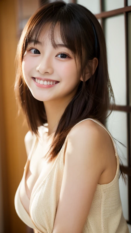 masterpiece,best quality,(Japanese ),((Beautiful girl)),cleavage,indoor,(perfect body beauty:1.2),(shy smile),beautiful teeth,