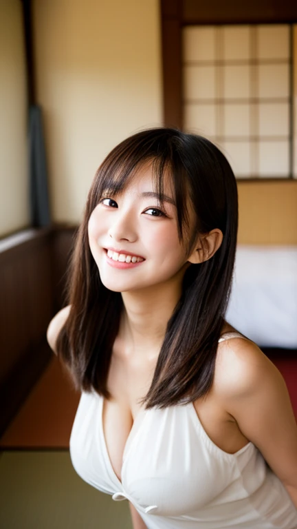 masterpiece,best quality,(Japanese ),((Beautiful girl)),cleavage,indoor,(perfect body beauty:1.2),(shy smile),beautiful teeth,