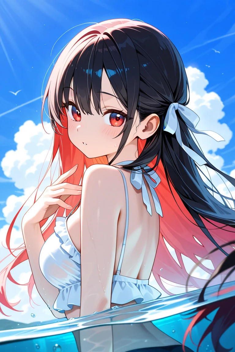 (full body, pov angel swimsuit style), (solo:2, 15 yo, curly:1.3 black hair long hair lovely girl, sexy red eyes, love smile, medium tits), (in a white Wavy tank top bikini, double exposure White Feather), break, in the Swimsuit contest venue, background Double Exposure beautiful ocean and feather, BREAK, perfect anatomy, masterpiece, best quality, 16k, beautiful detailed love, sexy, daydreaming expression.
