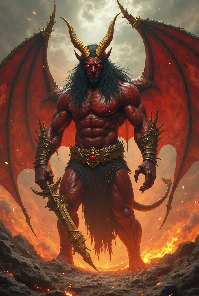 hairy chest, body only, muscular, red skin, dark gray hair, knight kneeling, huge pecs, huge body, big arms, eight-pack abs, black jockstrap, big bulge with balls, chain bind around body, Lu Bu, bat wings, two black small horns, demon, red pupils, red iris, black sclera, spiral eyes, red skinned, big penis