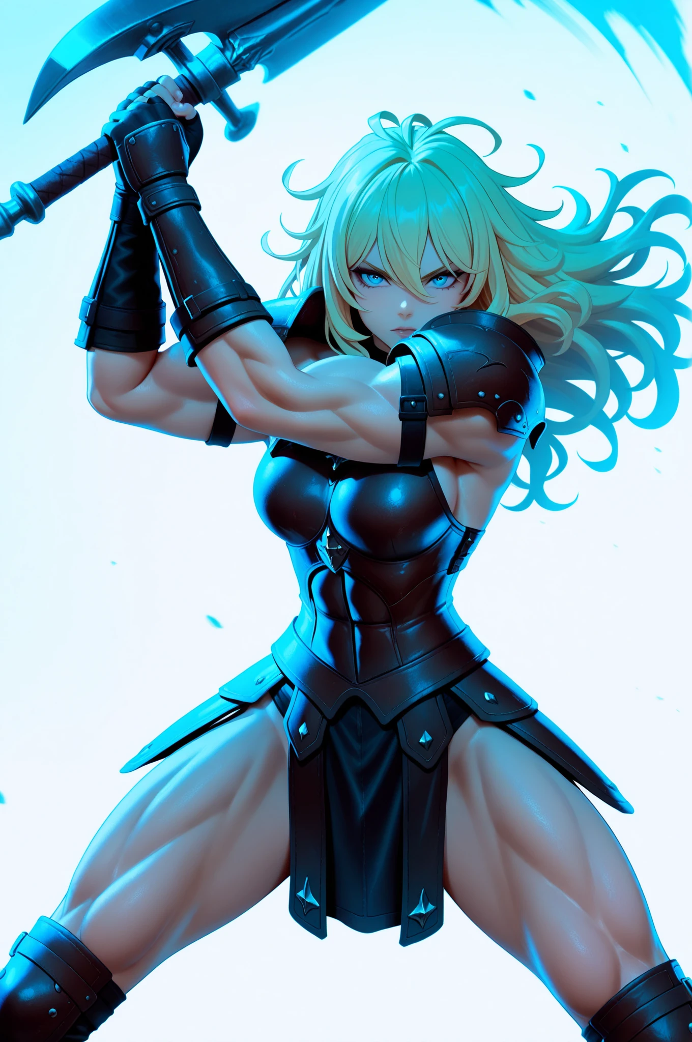 anime waifu bodybuilder, cute face, debatalho face, extremely detailed eyes, knight character, green eyes, perfect body, fit body, looking at the sword, character holding a sword with both hands, abdomen, large breasts, muscular, (((hair) long and blonde), sarashi white chest, sarashi, underboob, breasts bandages, arm bandages (insanely detailed, beautiful detailed face, masterpiece, best quality),  (looking disgusted), konosuba, character A2, (white and torn bandages on the arms and legs), image taken from above, camera away, image focusing on the sword, high quality, white light clothes, sweat splattering, character on guard with sword, knight pose, sword with sharp blade with brightness