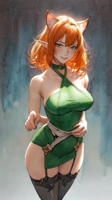 <lora:Vempire_Style_XL:1.3> elf, (masterpiece), best quality, highres, 4k, 8k, intricate detail, cinematic lighting, amazing quality, amazing shading, soft lighting, chromatic aberration, colorful, bright colors, 1girl, Lob (long bob), small boobs, flat chest, Hourglass body, orange eyes, Pastel pink hair