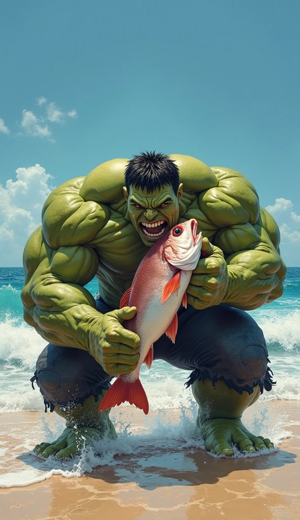 Hulk's Big Moment Suddenly, Hulk’s line tugs violently. He pulls with all his might, and out of the water bursts a massive, prehistoric-looking fish! The sheer force of the pull sends Hulk stumbling backward, dragging the fish onto the shore. Everyone is amazed, and Hulk grins proudly, holding up his gigantic catch.