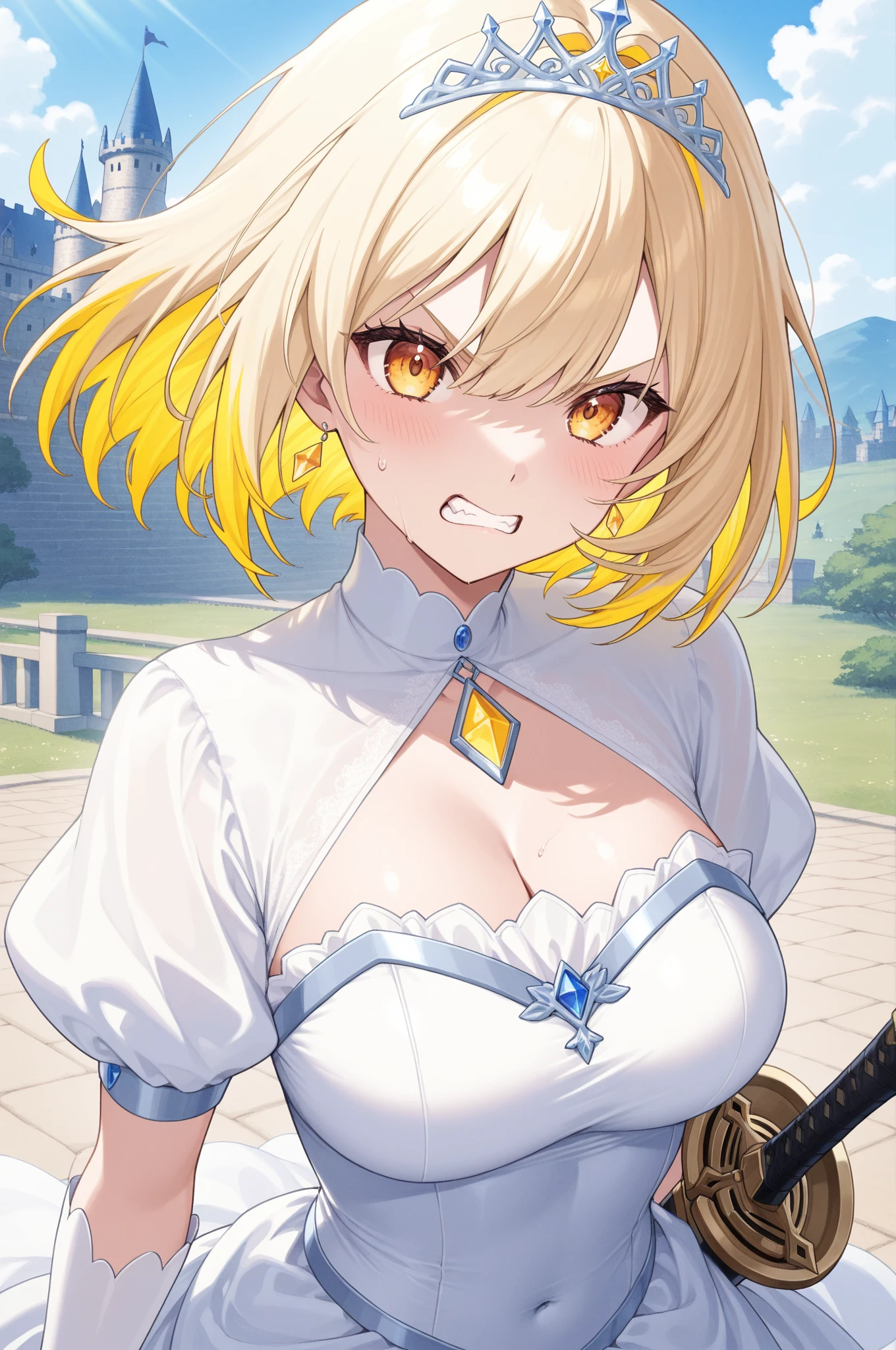 Copper bikini armor, copper crown, bare belly, big breasts, blond hair, red eyes