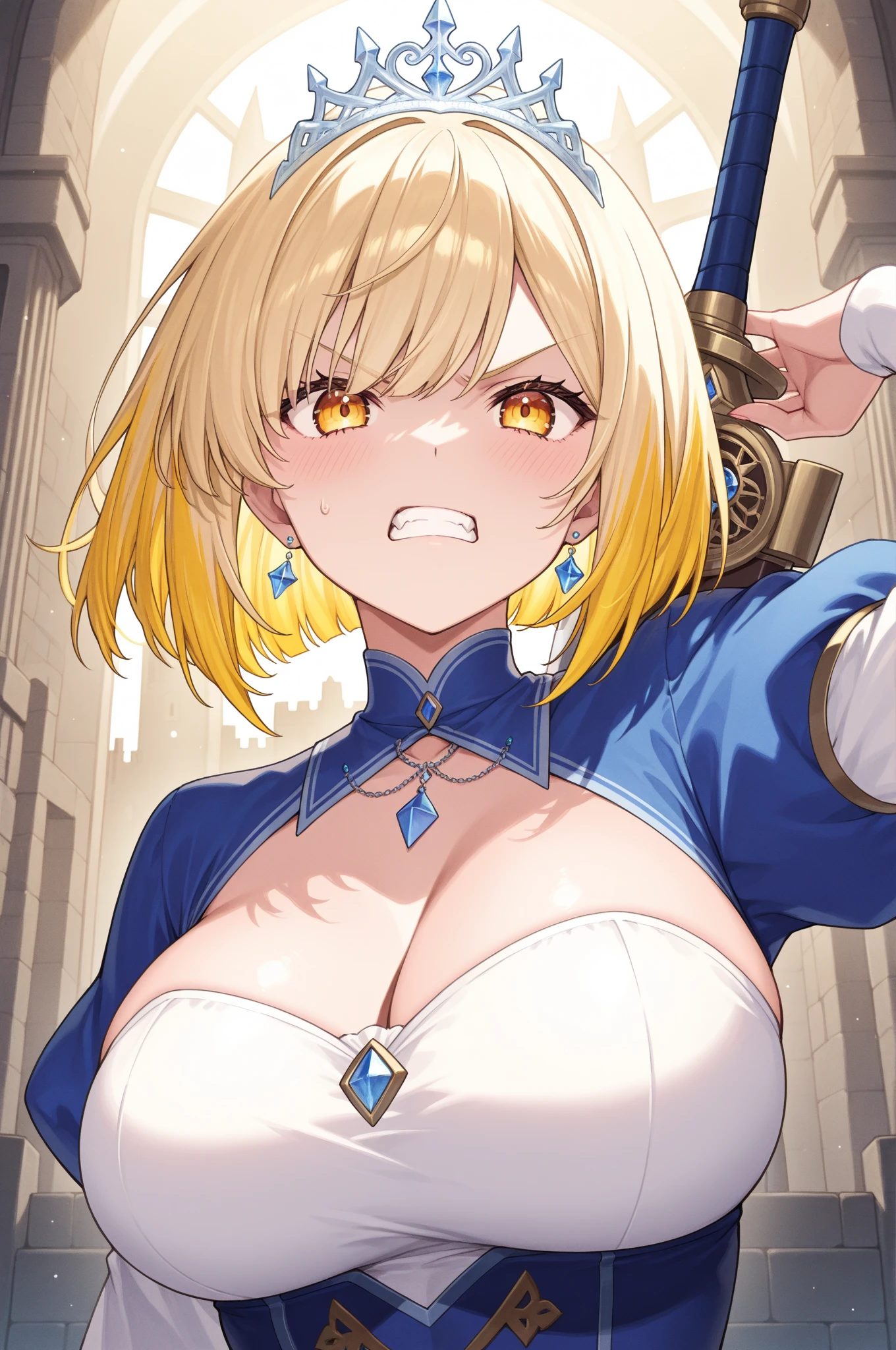 "(masterpiece:1.1), best quality,
1girl, (80s anime style:1.3), (eyelashes:1.5), (loli:1.2),
(intricate high detailed body:1.2),
(blonde hair:1.1), (blunt bangs:1.1), (short hair, twin bun:1.1), (hair ribbon:1.2),
blue eyes,
(dark skin:1.5), (curvy body:1.1), (gigantic breasts:1.5),
(naughty face:1.2),
(see-through lace bikini armor, criss-cross halter:1.2), (mini skirt:1.2),
(knight armor, armored boots:1.2), (hoop earrings:1.1), collar,
standing,
(upper body, cowboy shot, looking at viewer, from front:1.1),
medieval tavern"