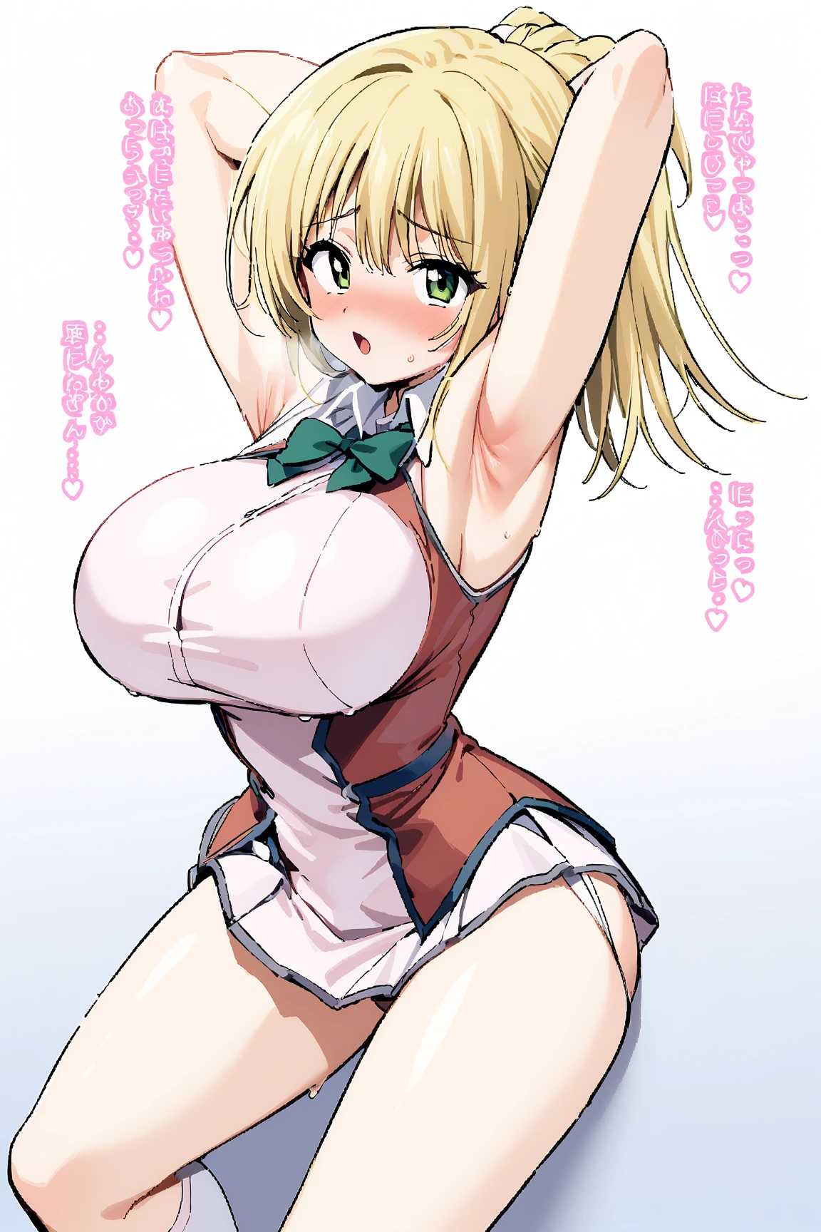 gigantic breasts,bursting breasts,cleavage cutout,cute smile,shy,one eye closed,red dress