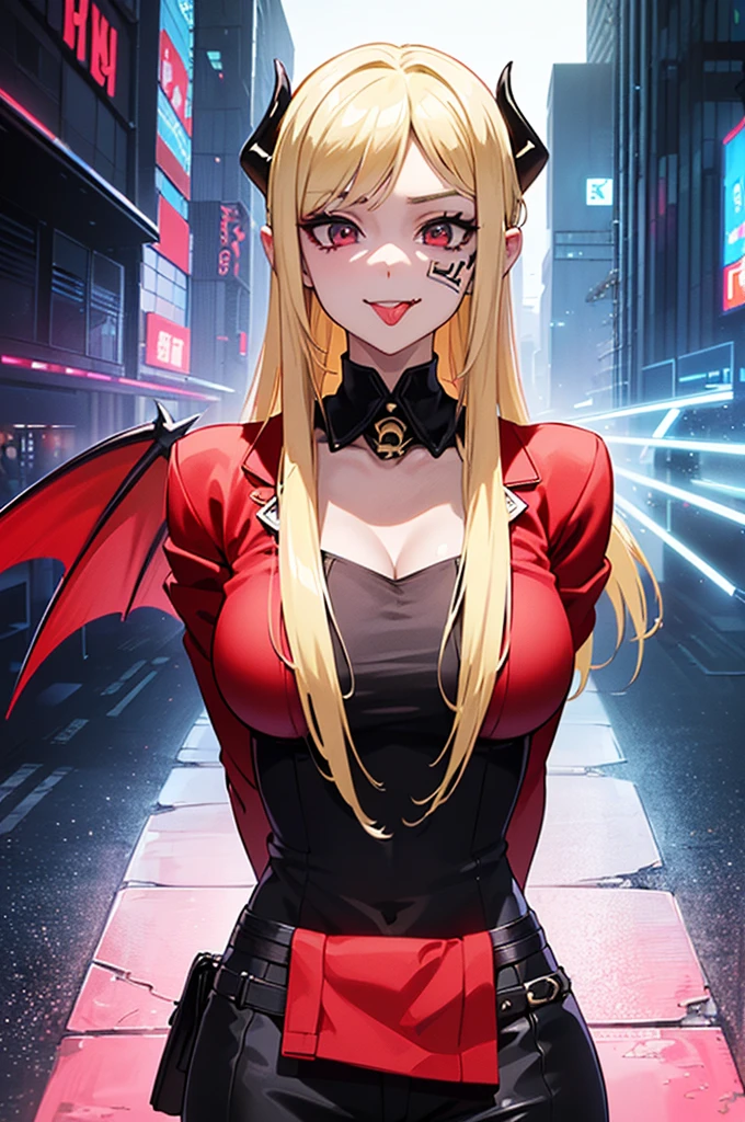 The Seductive Red Rogue" a sensual vampire in short red clothes, staring at the viewer, flowing blonde hair, menacing gaze and gleaming vampire fangs, staining her pale face, large, sharp nails ready to pounce, in a dark vision of a city at night