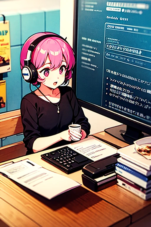 masterpiece、highest quality、High resolution、Very detailed、Medium wide shot、Cowboy Shot、Girl、Illustrator、Staring at your computer monitor、Drawing illustrations on a tablet、Leaning forward、laughing、Glasses、Glassesにモニターの映像が反射している、Dark Room、indoor、Flashy clothes、Colorful clothes、night、YouTuber、