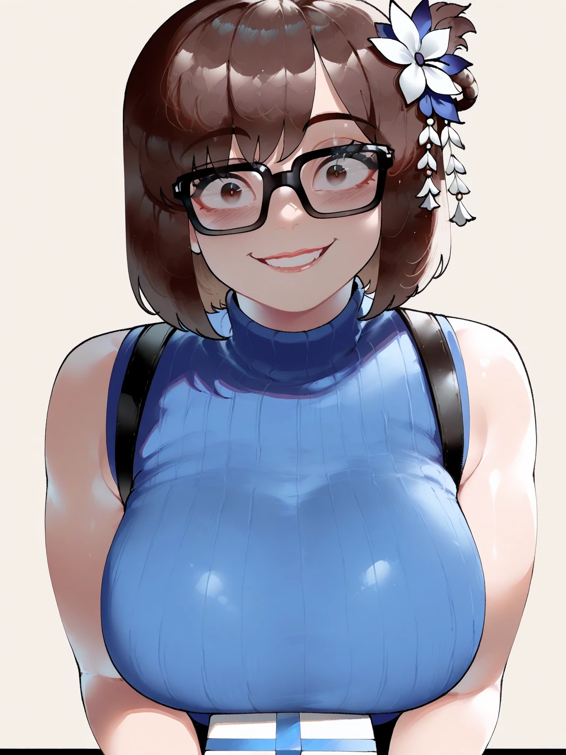 (A 27-year-old anime girl wearing a casual high-neck sleeveless blue-purple t-shirt standing in front of a bookshelf:1.2), Alone, female anime character, anime visual of a young woman, bob haircut, red painted lips, thick lips, black hair, wearing glasses, big breast, Green eyes, smiling, anime screencap, cowboy full shot, (masterpiece:1.1), (best quality:1.1), (super detailed:1.1)