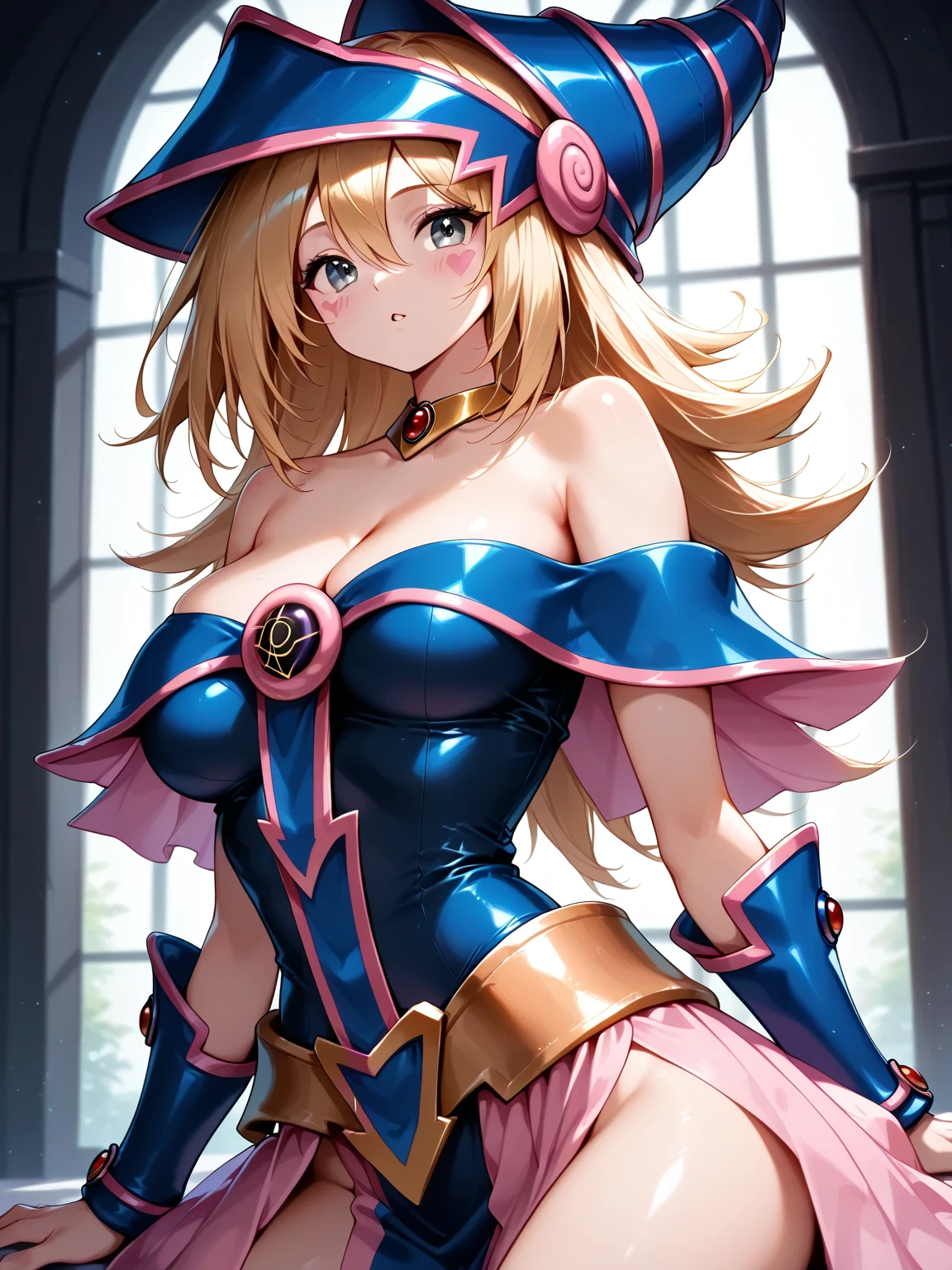 dark magician girl, duel monster, blush stickers, blonde hair, green eyes, long hair, breasts, blush, bangs, large breasts, hair between eyes, pentacle, pentagram, hat, dress, cleavage, bare shoulders, collarbone, choker, blue headwear, wizard hat, bracer, detached sleeves, highest quality,((highest quality)),((Tabletop)),((Perfect Face)),become close5Two fingered hand,1 girl,(Background Blur),, Unreasonable,Her figure is extremely beautiful, Emphasizing the dark and crazy elements. Skillfully expressing the effects of light and shadow, detailed, The face and expression are carefully drawn..., Artistic elements add depth to the work, With a unique artistic touch. This film is visually stimulating、Aesthetically pleasing.,sketch, Magic School