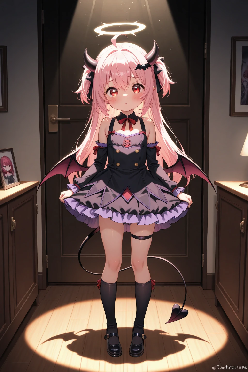 powder hair,red pupils,Leigh,pink hair,masterpiece,detailed,perfect face,best quality,Good figure,Lovely,vampire,small wings,Tiger teeth,blood red glasses,Fantasy World,little princess,,full body picture,fantasy landscape,Conservative,everyday,Soft cute,happy,Foolishly,leg rings,long hair,female imp,barefoot,happy,dress conservatively,dress conservatively,Dressing connotation,doll,little devil