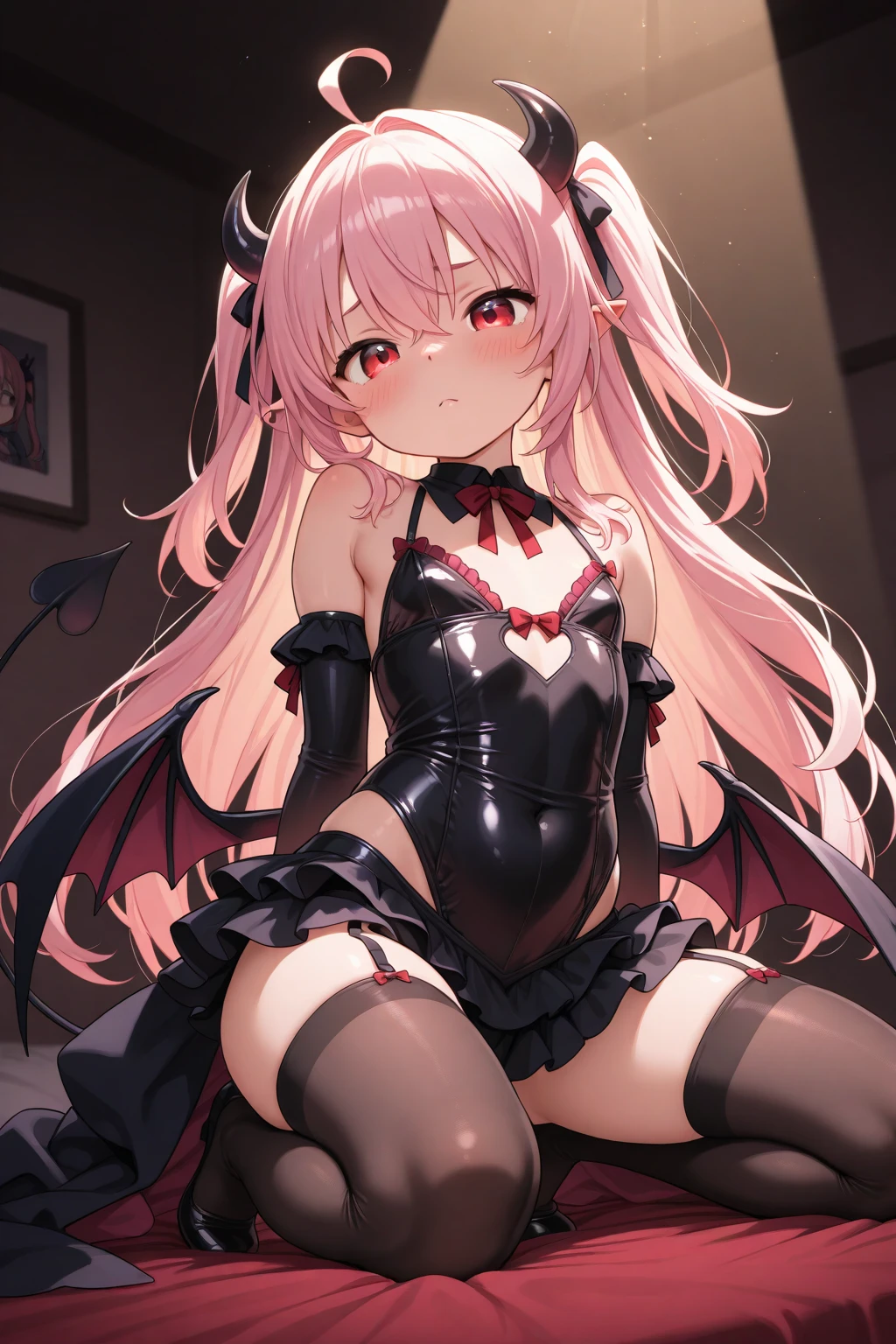 1girl, banya, blue eyess, wingspan, length hair, White cyan pink hair, a navel, undergarment, panties on, Cosplay, 独奏, bangss, red blush, Nakano Nino, looking at the viewers, white backgrounid, Simple background, black panties, frilled panties, frilld, demonic horns, long-sleeve, bluntbangs, tail, kitagawa marin, stomach, Devil's Wings, The shirt, a black ribbon, two side up, Black shirt, v shaped eyebrows, frill shirt, bow ribbon, croptop, frowned、Mouth closed、Very long hair、Midriff、Devil's Tail、thighs thighs thighs thighs、cowboy  shot、puffy sleeves、demon girls、