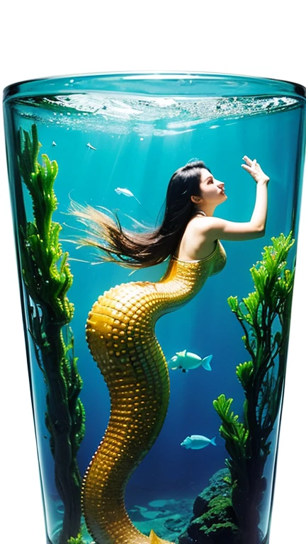 hyperrealistic photo, beautiful little mermaid dancing diving in an aquarium jar, detail of water bubbles and coral in the jar, detail of a beautiful face with flowing black hair similar to a Korean female celebrity, perfect anatomy, on a table in a room at home, detail of the room background with dark colored walls, hyperdetail, intricate detail, hyperrealistic, masterpiece, HD hyperrealistic photo, beautiful little mermaid dancing diving in an aquarium jar, detail of bubble water and coral in the jar, detail of a beautiful face with flowing black hair similar to an Indonesian female celebrity, perfect anatomy, on a table at home, detail of a room background with colored walls dark, highly detailed, intricately detailed, hyperrealistic, masterpiece, HD