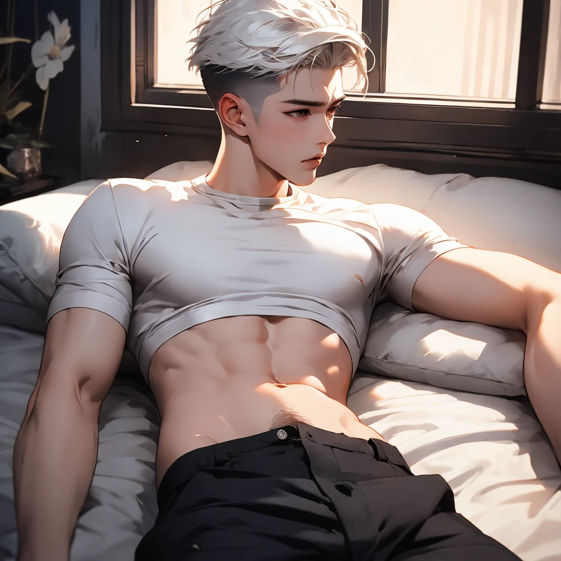 1boy, adult, handsome, perfect face, detailed eyes and face, clean shaved, sixpack realistic, white eyebrow hair, white eyelashes, dynamic lighting, unreal engine 5, hd picture, satoru gojo, white hair, short hair ,hair between eyes ,blue eyes, white skin