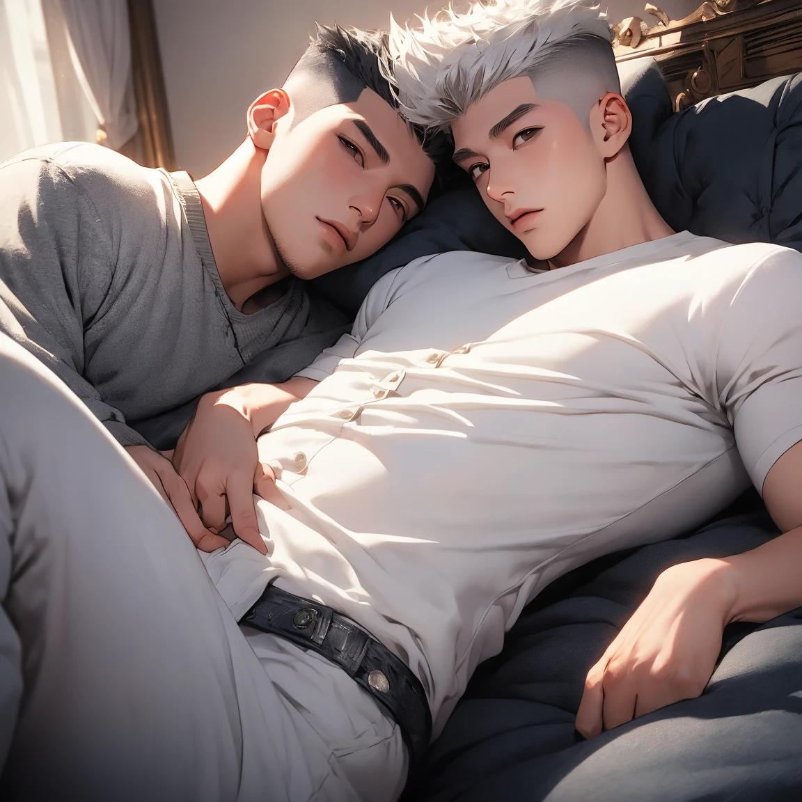 Physical Appearance:
- Age: 29 yea old
- Height: 5 feet 9 inches (175 cm)
- Build: slim and athletic, with a chiseled physique
- Hair: Grey mullet, possibly with a spiky or messy texture
- Eyes: Glowing grey irises, possibly with a piercing or intense gaze
- Body Hair: Possibly some chest hair or a light dusting of hair on his arms and legs, given his masculine build
Attire:
- Upper Body: Shirtless, showcasing his muscular torso and arm
- Lower Body: Wearing stylized white brief with defined outline
- Footwear: White Air Force sneaker
Setting:
- Location: Sitting in his bedroom, on a bed
- Background: The room might be decorated with personal items, such as posters, photos, or gaming consoles, giving insight into his interests and personality
Overall Aesthetic:
- The character exudes a sense of confidence and masculinity, with his muscular build and striking features
- The glowing grey irises add an otherworldly or intense aspect to his appearance
- The stylized briefs and Air Force sneakers suggest a fashion-conscious and modern style
He is very handsome