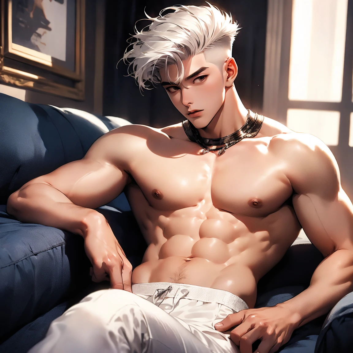 male with white hair and no shirt on laying on a bed, lean man with light tan skin, model with attractive body, male model, smooth body features, with abs, photorealistic perfect body, attractive body, shirtless :: high detail, smooth translucent white skin, asian male, posing in bed, sexy muscular body, beautiful handsome body, sexy body and face