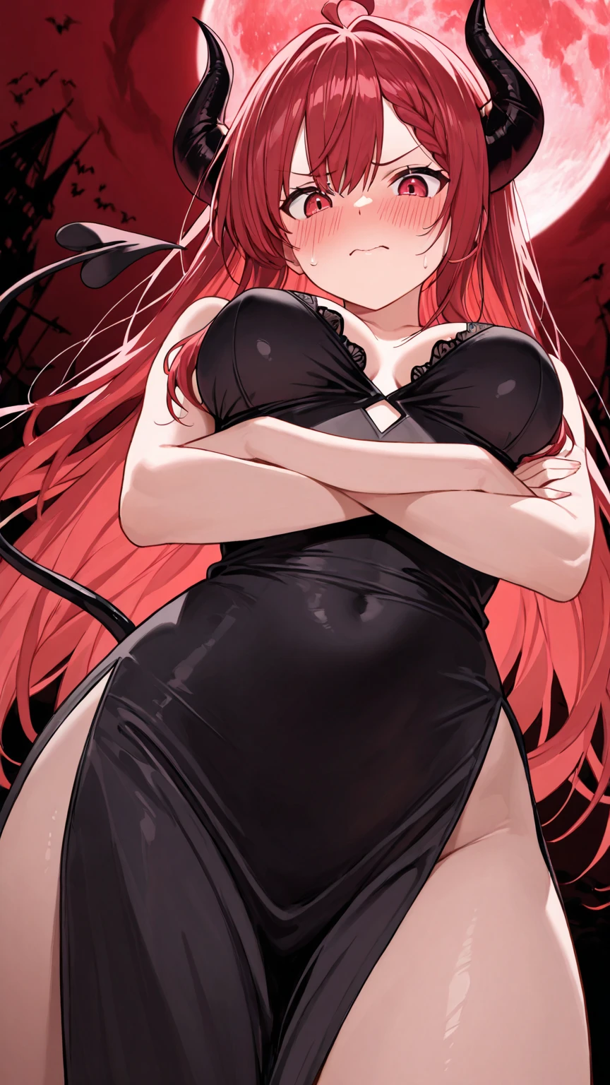 detailed, red hair, purple eyes, dominant, fangs, black dress, thigh slit, dark background, blood themed, sleepy eyes, eye glare- purple, seductive, moaning face