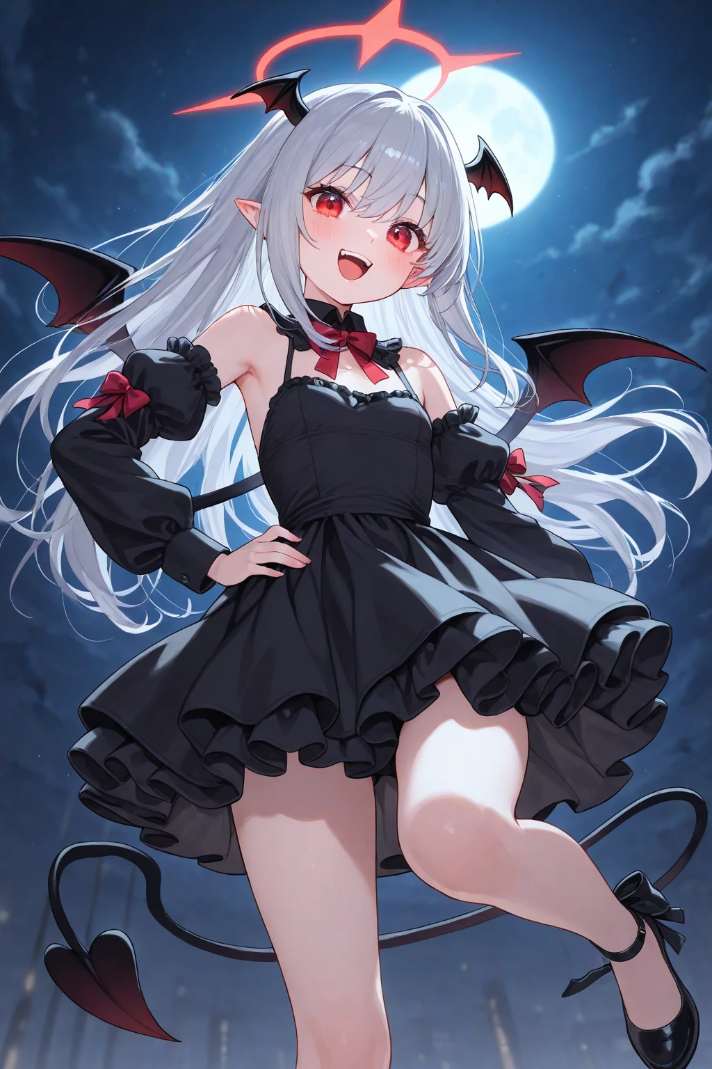 masterpiece, highest quality, be familiar with, 1 girl, alone, night sky,  full moon, performer, cloud, night,,  dark sakura, (black dress), long hair, evil smile, red ribbon, striped, thighs　big breasts　succubus　Left and right devil wings　I have my hand on my chest　cute expression