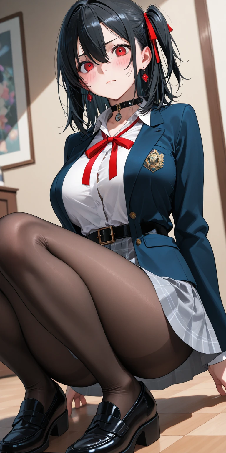 1 Anime girl in school suit, (Japanese school uniform), beautiful face, (big tits, perfect body) (masterpiece, extremely detailed, excellent quality), (lying on a bed with btazos up, open shirt),