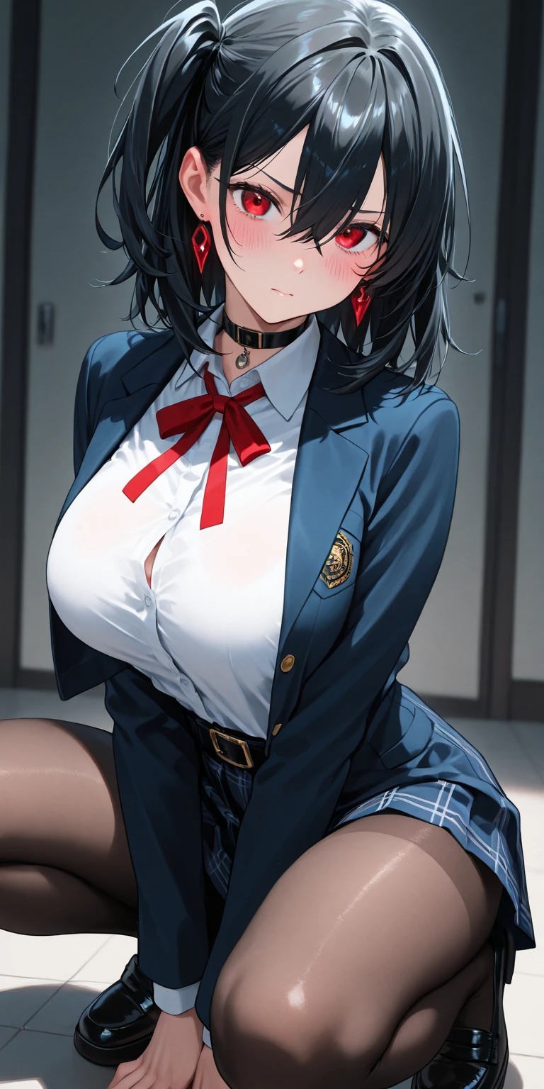 tmasterpiece,best qualtiy,ultra - detailed,illustratio,epic lighting,cinematic compositions,isometry,1girll,独奏,adolable,with brown eye,Black color hair,By bangs,red hair clips,blouse with a white collar,black necktie,Black pantsuit,formal,a captivating gaze,captivating posture,inside in room,rainforests,looking at viewert,Be red in the face,seduct smile,(8K:1.1),Bigchest,nakeness,long leges,Bigchest,Big breasts Thin waist,drenched all over the body,Bare breasts,Bare genitalia,Camel toes