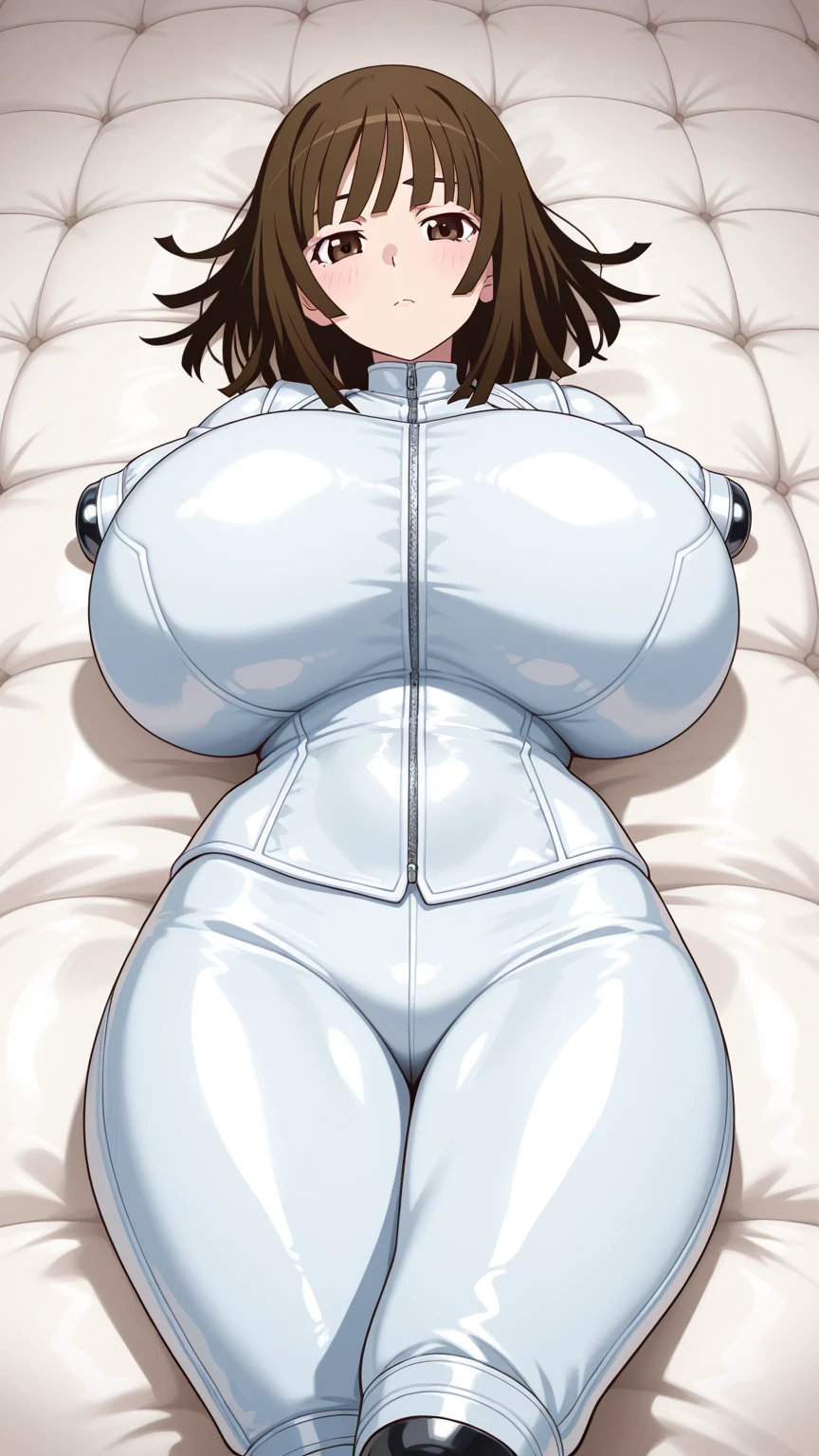 (masterpiece:1.1), (top quality:1.1), Whole body, good anatomy, lock of hair,, (1 girl:1.2), (detailed face and eyes:1.25), One, dark hair, Brown hair, Brown eyes, (huge breasts:1.3), ((white bodysuit:1.2), split:1.2), blush, look at the viewer, mature woman, sidelocks, sitting