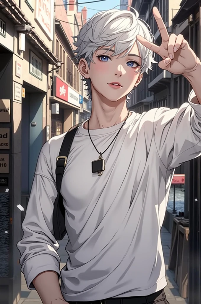 (absurdres, highres, ultra detailed, HDR), masterpiece, best quality, a boy, solo, handsome, short hair, white hair, finely eye and detailed face, casual clothes, real shadow, lift hand in peace sign, joyful, ear piecing,