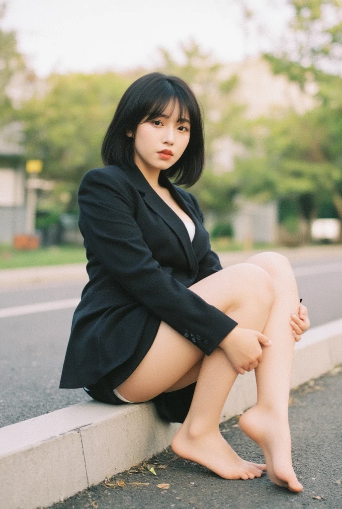 a 21 year old face of the most beautiful actress in the world, the perfect body proportions of a female, blazer is worn on formal shirt, exposed vagina in panties between opened legs under short skirt, female genitalia of lower body is seen through panties, short hair cut above the ears, sitting on a chair of the city street, nsfw, best quality, highly detailed, masterpiece, ultra high res, photo realistic, 8k