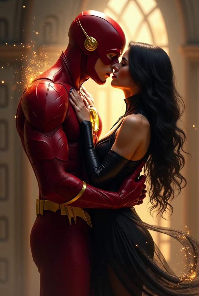 Of course! Here’s a prompt for generating an image of Flash from DC Comics kissing Natasha Romanoff (Black Widow):
“Create an image of Flash from DC Comics and Natasha Romanoff (Black Widow) sharing a kiss. Flash should be depicted in his iconic red and yellow costume, while Natasha is in her classic black suit with the Black Widow emblem. The background should be a dynamic blend of elements from their respective worlds, combining a sense of speed and espionage to highlight the romantic and intense nature of the moment.” Generate proper lip kiss and looks real