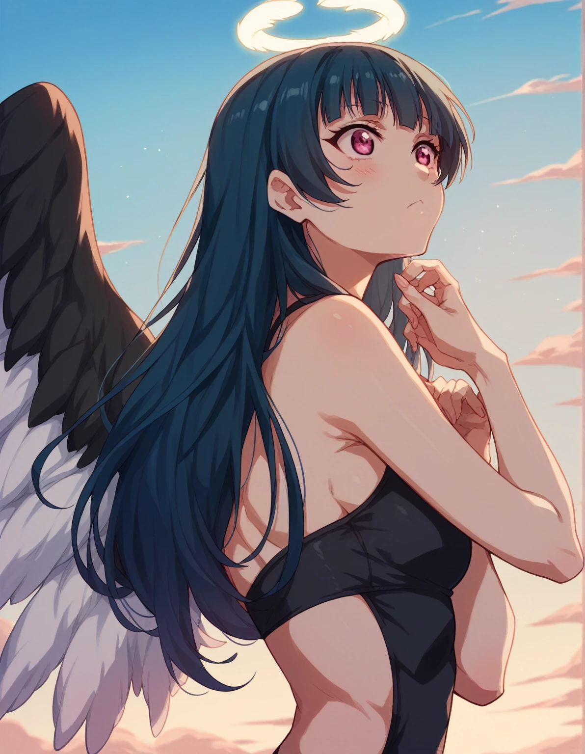 alone, One girl, Onodera Kosaki, Angel, Nipples, smile, View your viewers, sketch, got it,, 2D, Anime Coloring, Upper Body, Jagged lines, (White background:1.3),naked,naked,