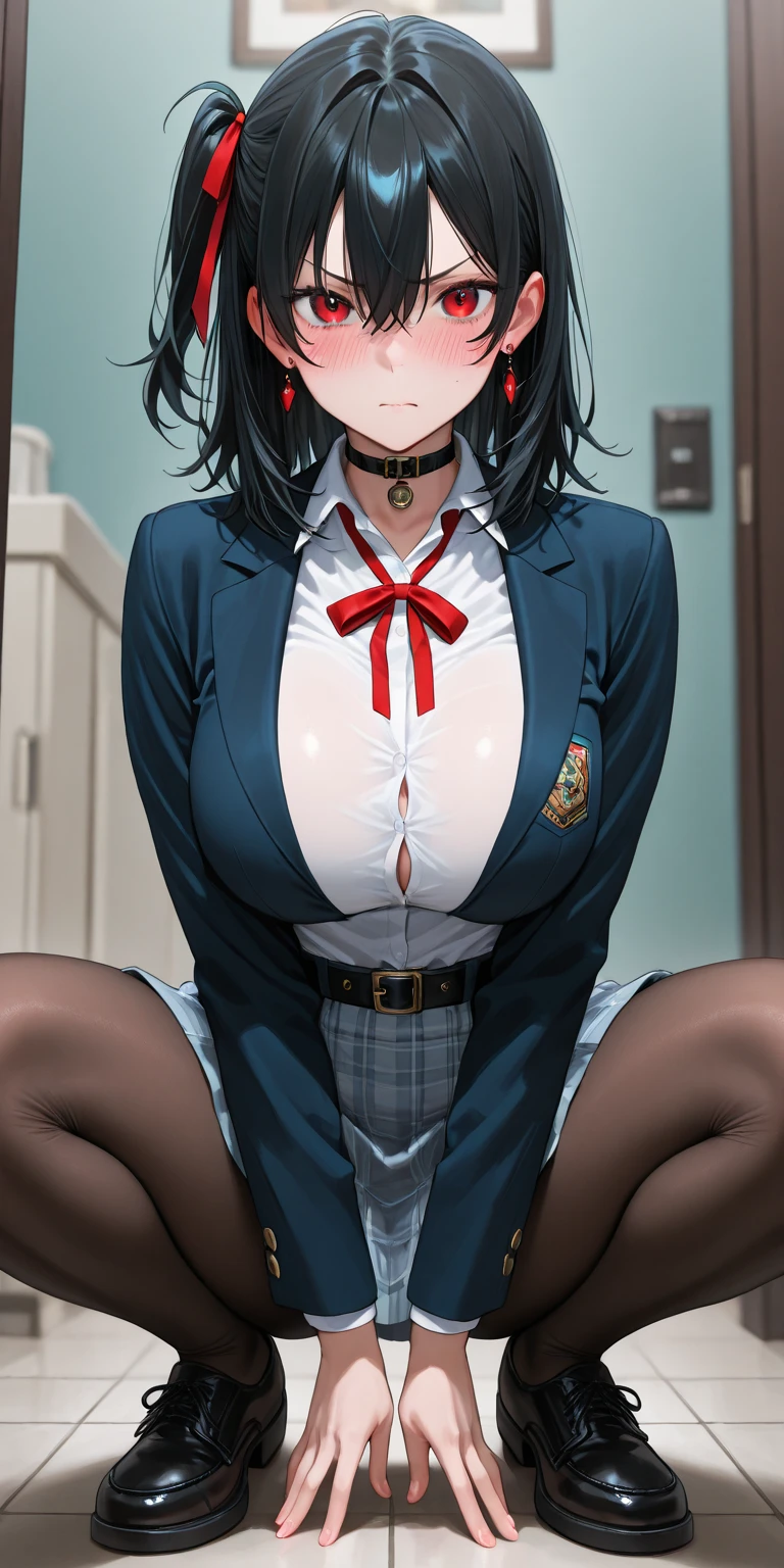 1girl, anus, angry, curly hair, looking at viewer, ((beautiful detailed eyes)), (Persona:1.2), (amagi_yukiko), squatting, spread legs, arms behind back, blue eyes