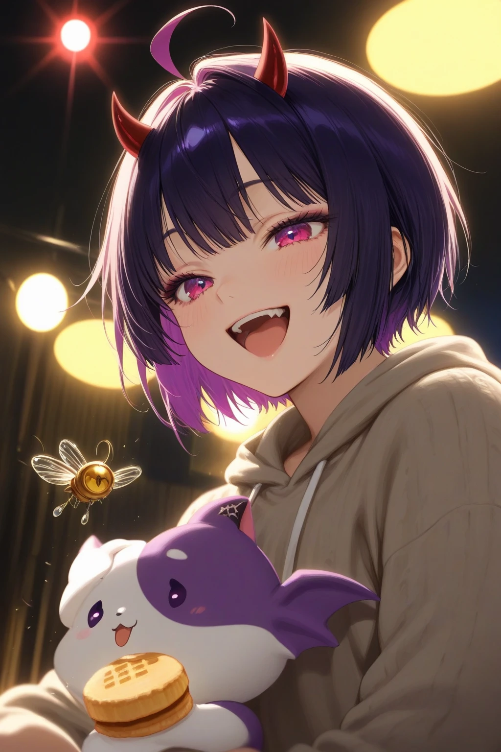 anime byshojo, little demon girl with little hurns wants to show a butter fly to me with laughs and happy, make devil details, add other details and high lights by realistic anime engine.