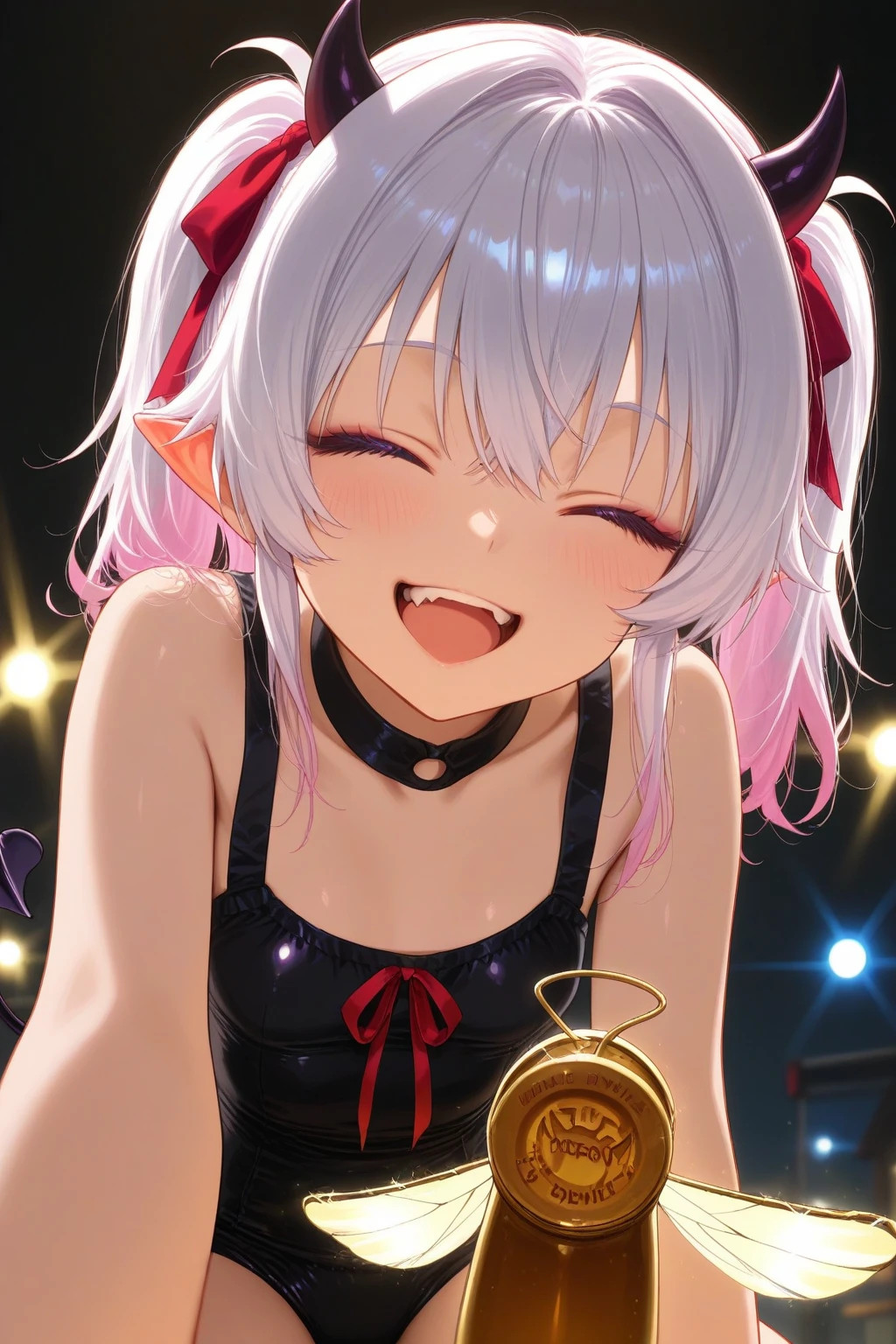 anime byshojo, little demon girl with little hurns wants to show a butter fly to me with laughs and happy, make devil details, add other details and high lights by realistic anime engine.