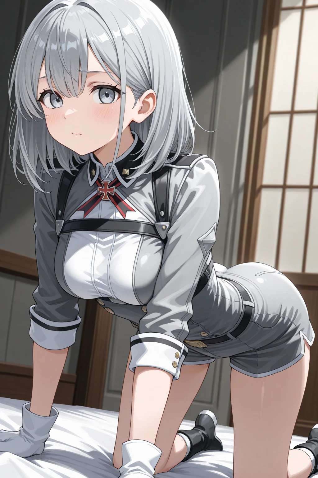 White panties、1 girl、White bra、Gray Hair、uniform