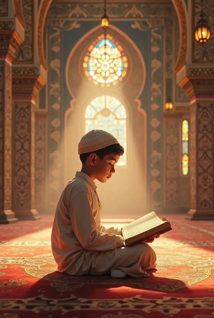 A beautiful Muslim boy in Pakistani dress reading Quran in mosque