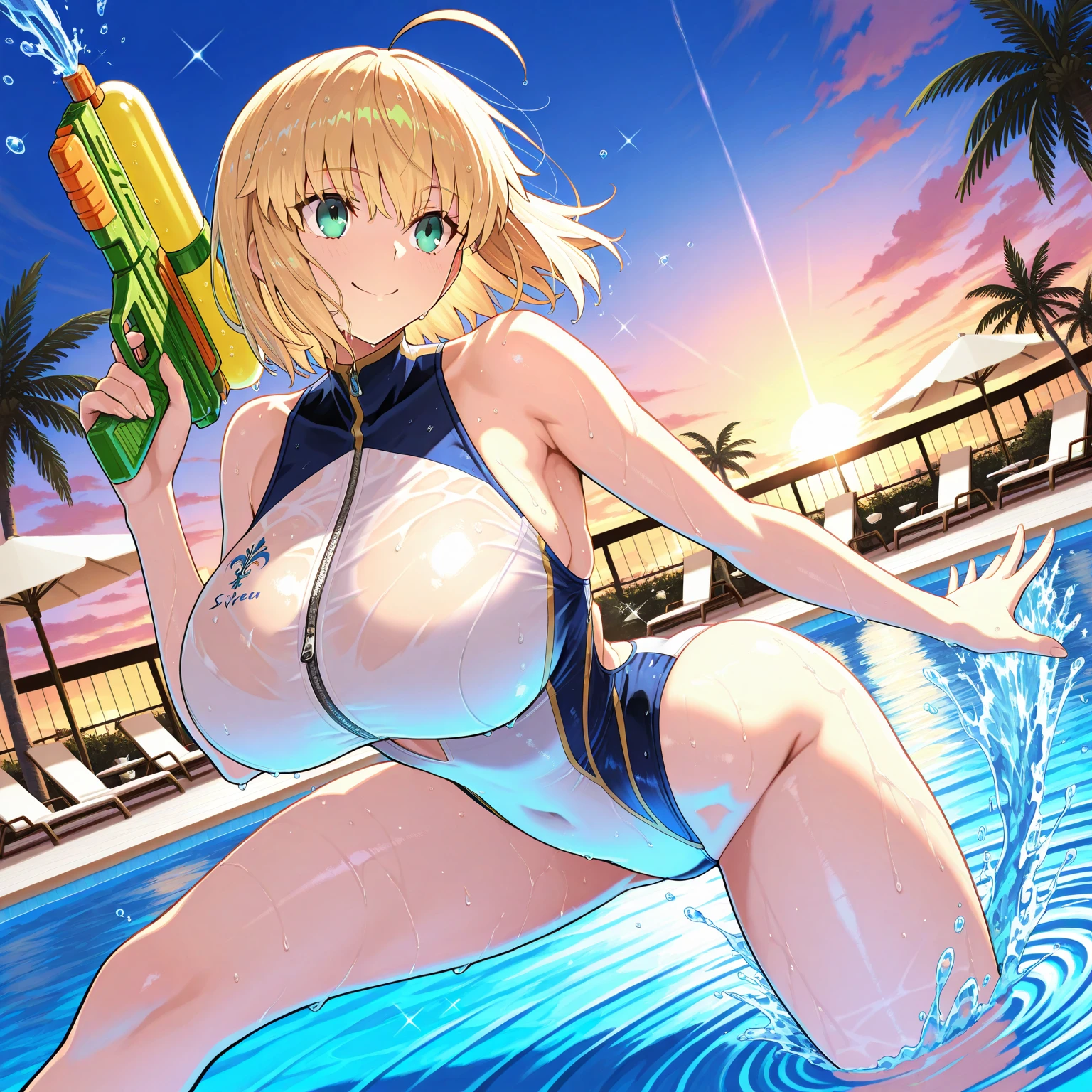 1girls, bikini, white bikini, blue trim, neon trim, sneakers, shoes, tech, scuence-fiction, futuristic, machinery, smile, tongue out, tongue, blonde hair, very short hair, short hair, boyish, tomboy, blue eyes, breasts, large breasts, wide hips, smirk, smug