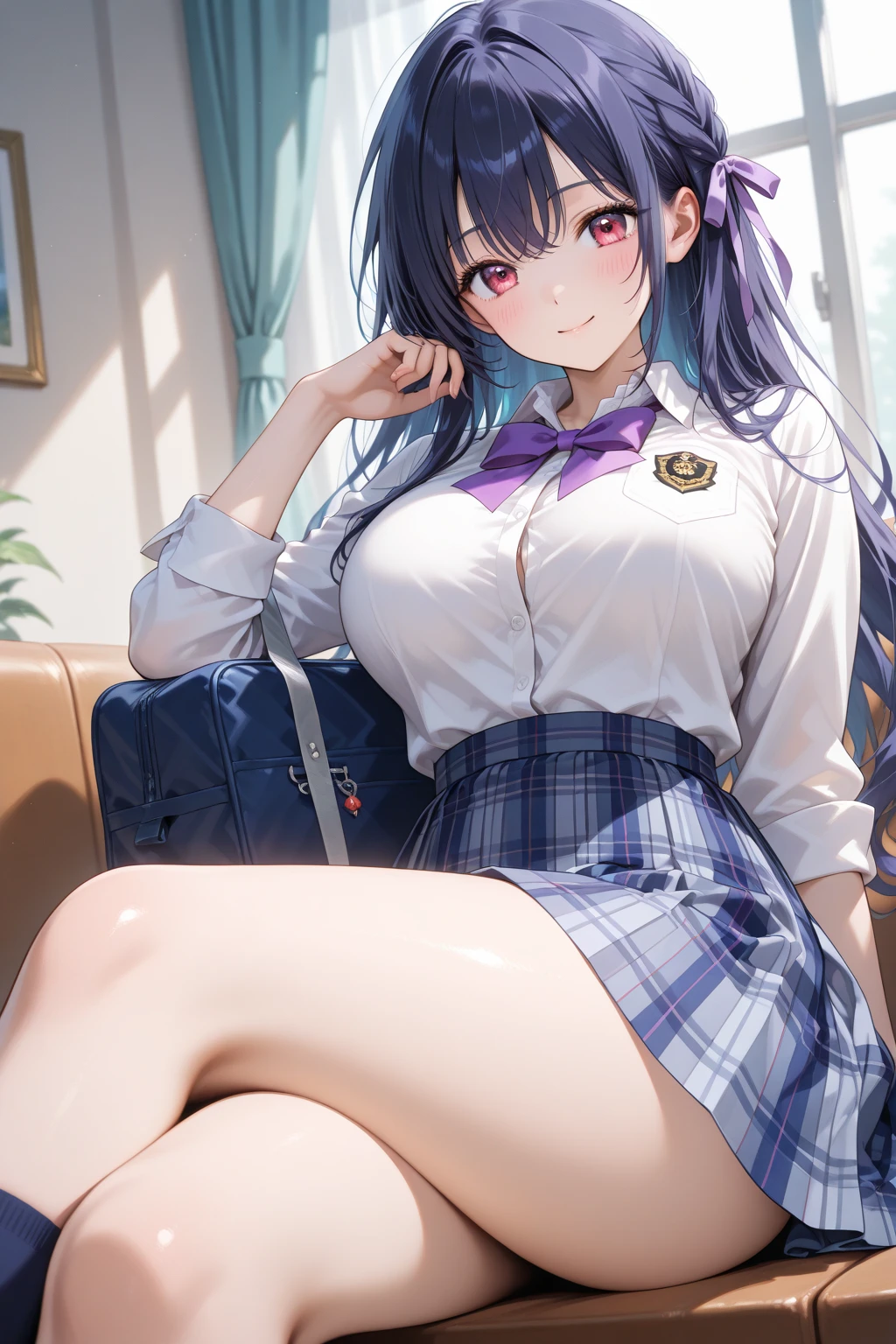 beautyful girl　a beautifulchi girl　smile on face　Long　a school uniform　blazers　Purple hair　beste Quality　A masterpie　ultra-highres　massive underboob　Loose socks