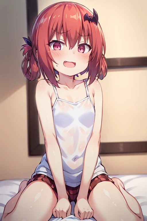 small breasts, yellow micro bikini, flat chest, blush, string bikini, without bikini top, hit mark on the butt, sitting, legs open, looking at the viewer, M-shaped legs, pubic tattoo, saliva, drooling, long white hand gloves, collar for cats, pubic hair, cat dish with thick milk, naked, nude