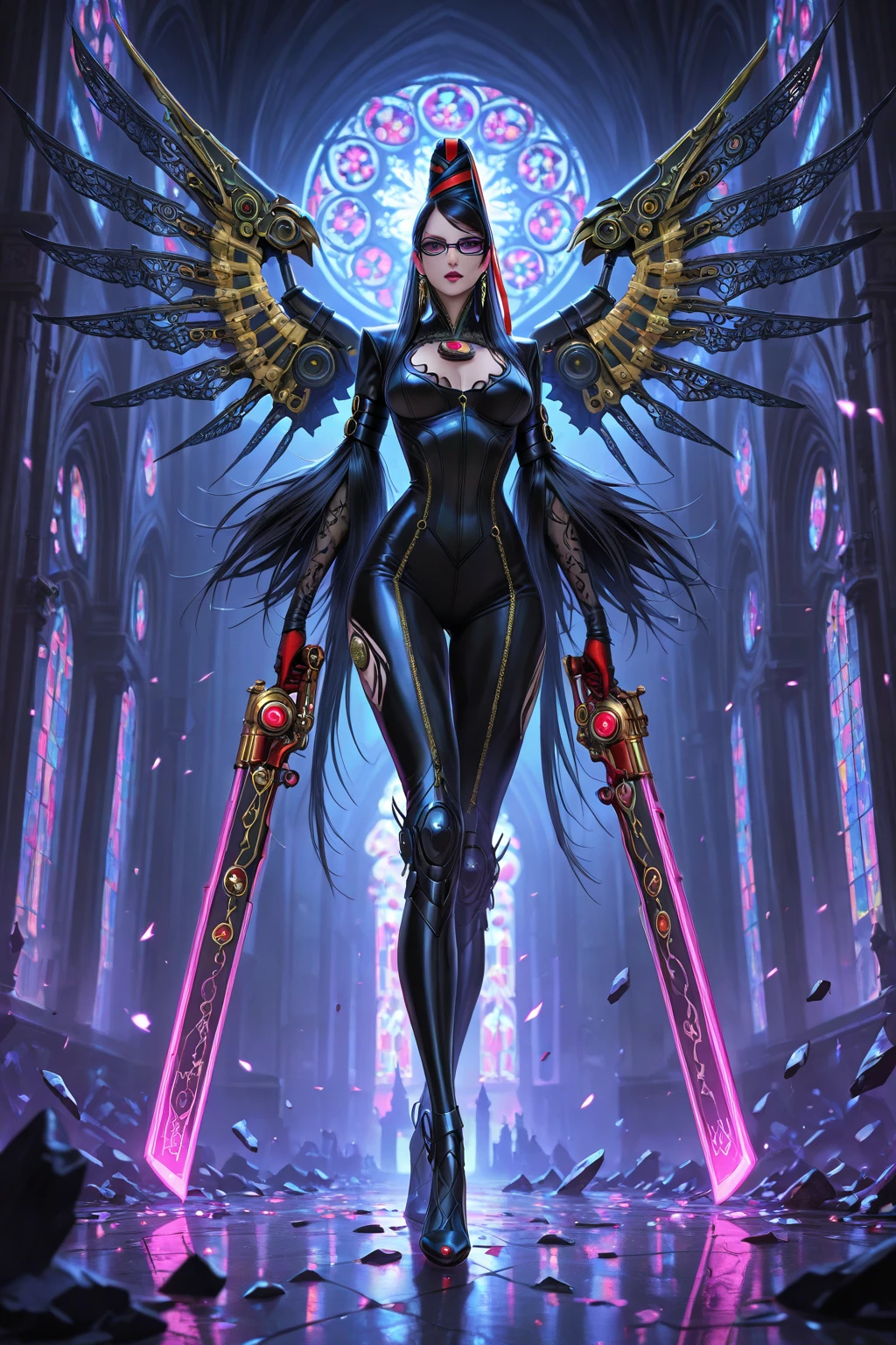 a picture of an mecha angel wearing black leather jacket, ((full body: 1.5)), exotic beautiful angel ((anatomically correct: 1.5), (ultra detailed face: 1.2), best detailed face, busty, folded wings, white angel wings, (white mecha armor: 1.3), she is wearing ((black leather jacket: 1.5)), intricate leather jacket, loose leather jacket, glam leather jacket, jacket has metallic studs, wearing silk dress, (dynamic color dress)), wearing thigh high heeled boots, cyberpunk church background, , vibrant, Hyperrealism style, vibrant, Ultra-high resolution, High Contrast, (masterpiece:1.5), highest quality, Best aesthetics), best details, best quality, highres, ultra wide angle, 16k, [ultra detailed], masterpiece, best quality, (extremely detailed) RAW, feathered wings, Hyperrealism style