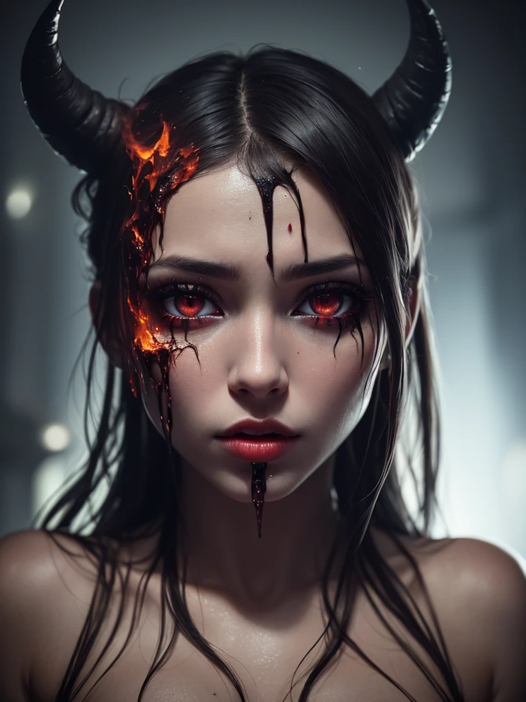 ((perfect anatomy:1.2,realistic:1.3,RAW Photography:1.3,masterpiece、highest quality、Ultra - High resolution、High resolution、Highly detailed CG、8K)),full body,1 female daemon,((beautiful detailed face and eyes:1.2,big gorgeous eyes:1.2)), Focus on a stunning, alluring face with captivating eyes. small breasts,slender body,small head:1.5,skinny, (oily skin,gleaming skin,pale skin,sweat:1.2), Body should be overtly sexual, with revealing attire or nudity. Emphasize a sultry, provocative expression. Skin tone should be a pale, pink. Succubus-like features are desired, NSFW not safe for work, show full body