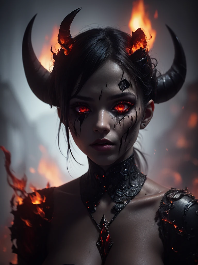 I want a BROWN woman with eyes covered in a demonic red aura, I want her to have a serious expression and steady eyes, and an extremely strong red demonic aura that surrounds his entire being, this woman has two horns that are embedded in red flames and will have long black hair, and wore a black kimono with blood red butterflies, appear to be at least 24 years old. captured in an ultra-realistic full HD 4K portrait, detailed texture showing its menacing shape, Immersive atmosphere, high definition shadow play, digitalpainting, nevoa no environment. I want a different monster from each other and make the image darker, obscure, creating a dark and dimly lit horror atmosphere!
